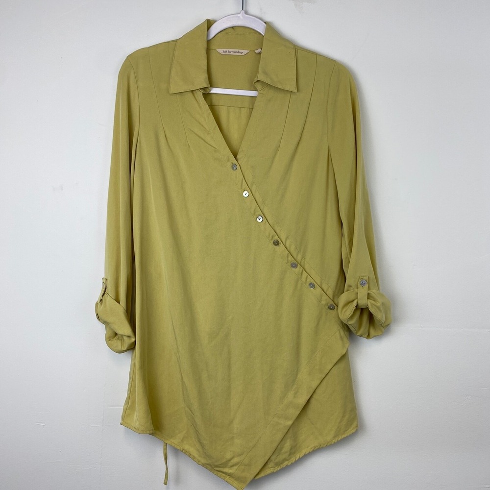 Soft Surroundings Chartreuse Green Asymmetrical Button Wrap Tunic Top XS